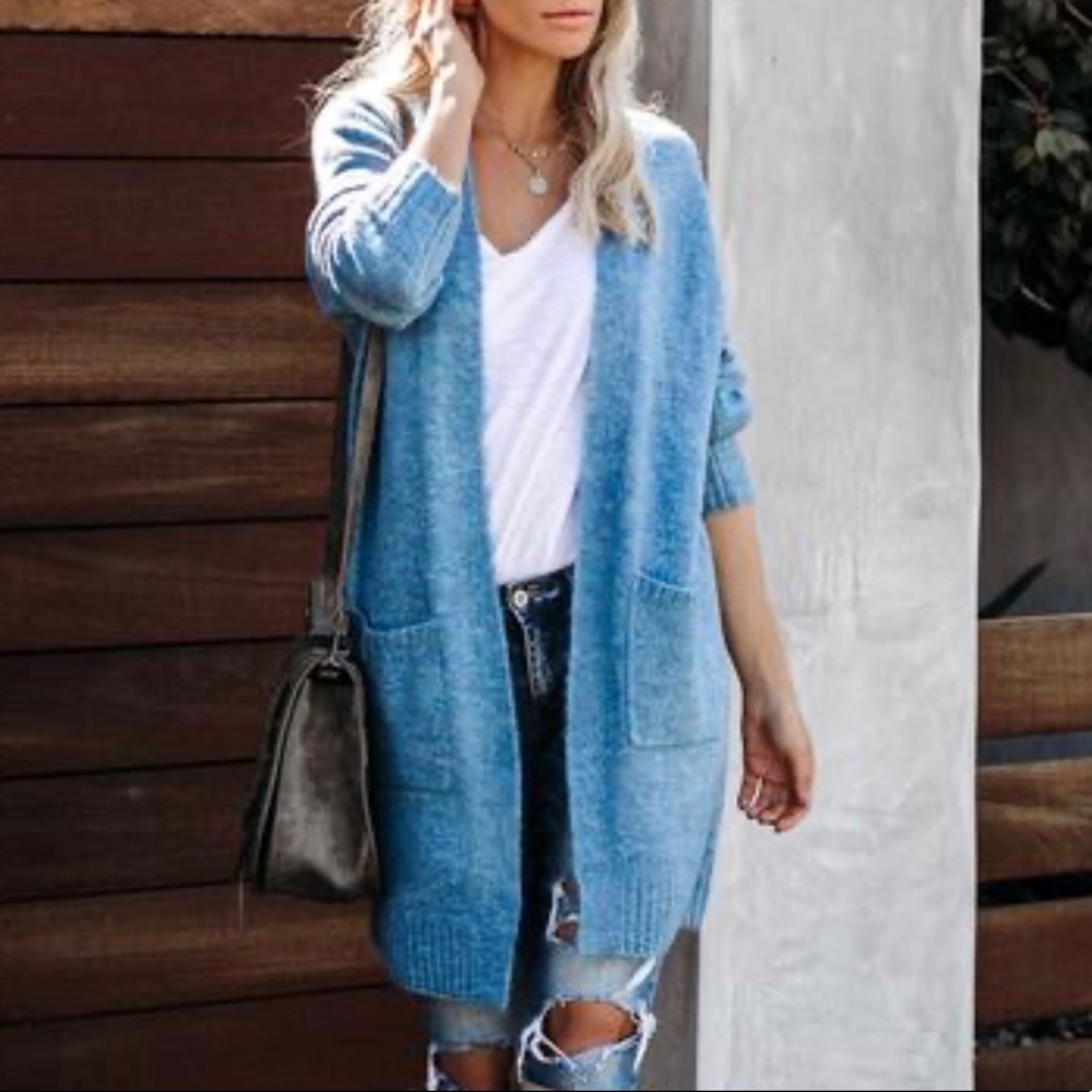 VICI - Pocketed Knit Cardigan in Ice Blue - L